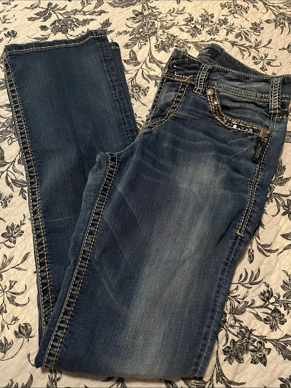 Silver Jeans Dark Blue Bootcut Jeans with Sequin Pocket Detail